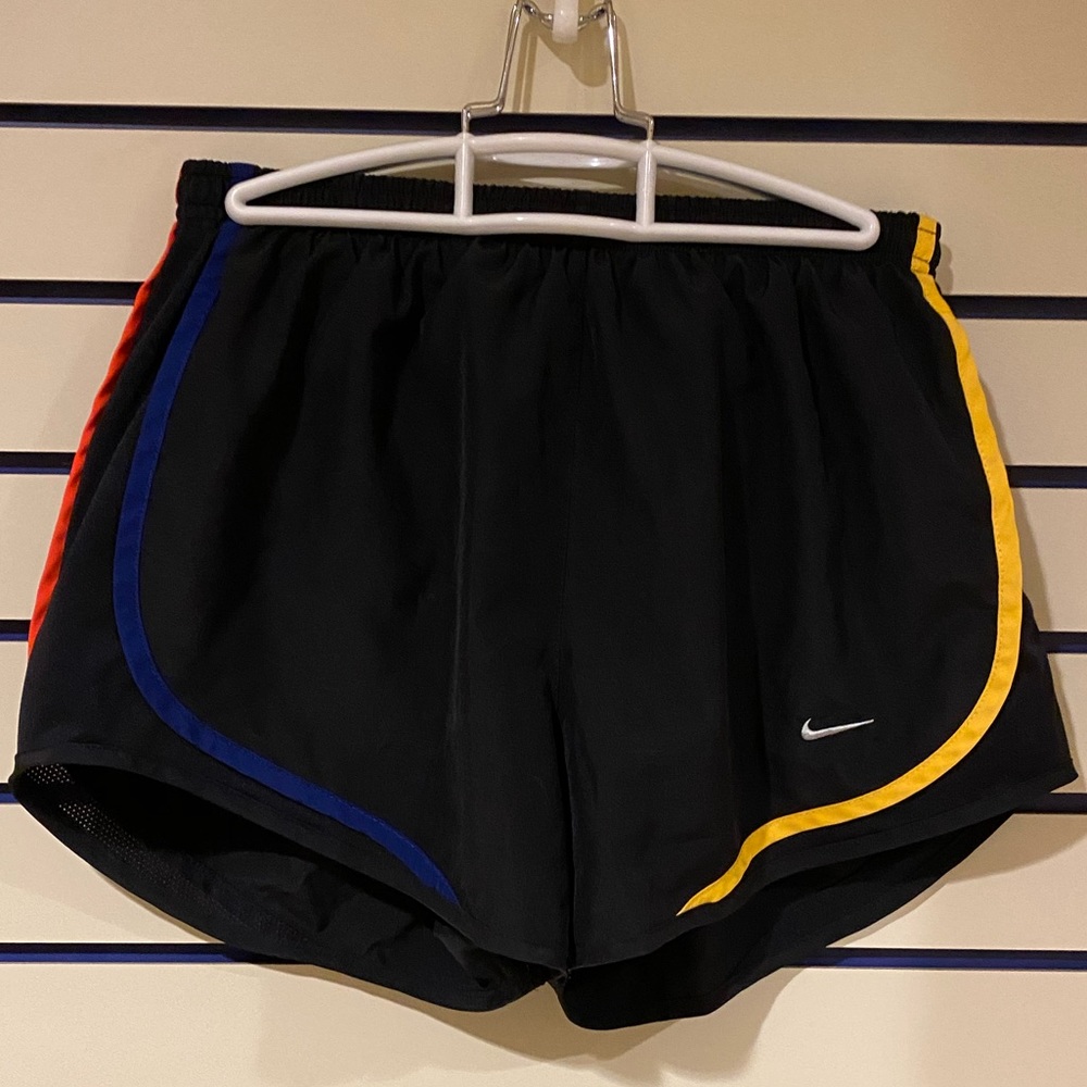Black nike shorts with multi colored details in M
